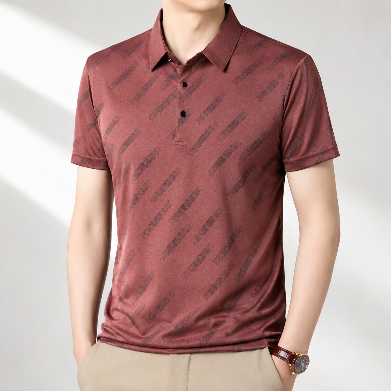 Men's beige geometric print polo shirt