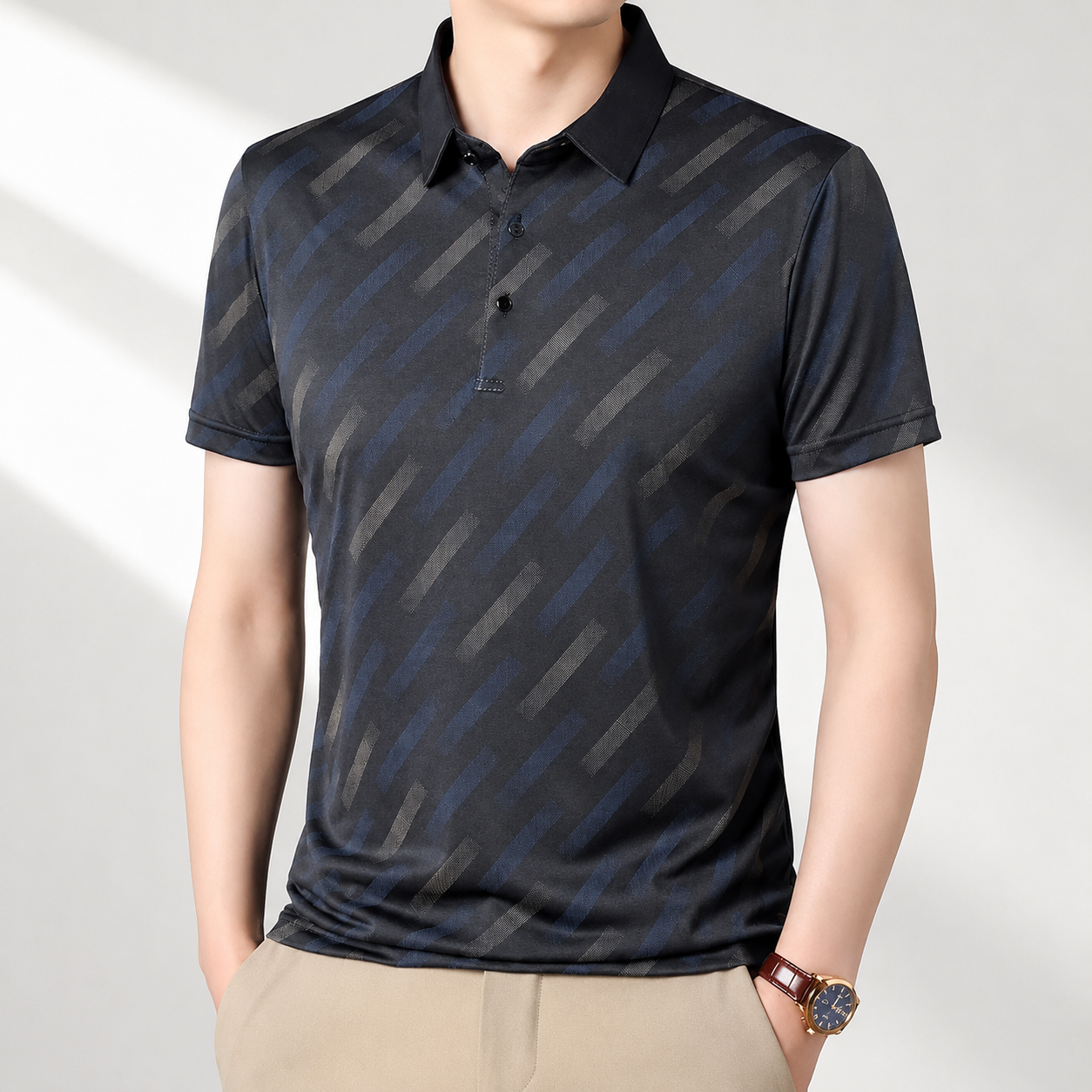 Men's beige geometric print polo shirt
