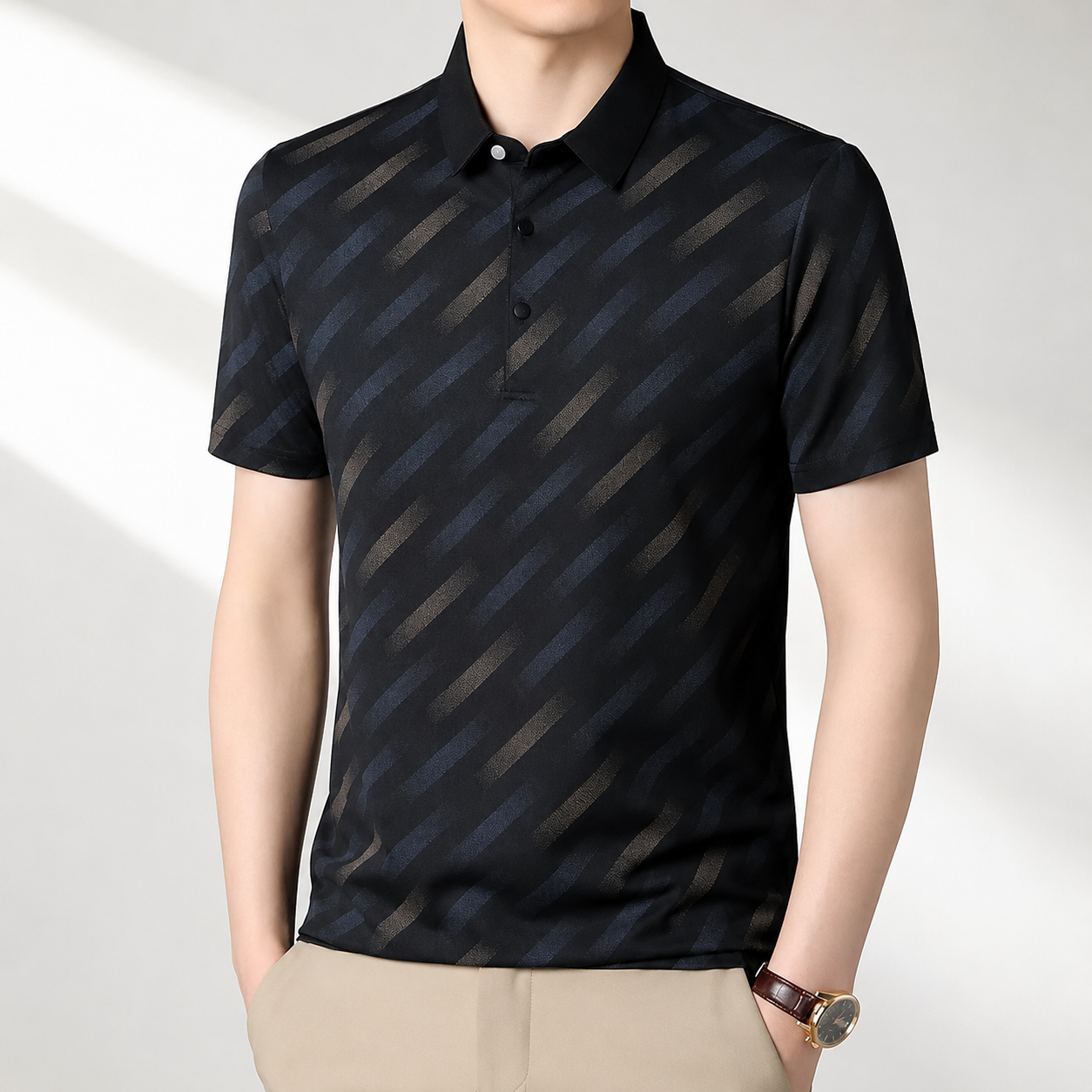 Men's beige geometric print polo shirt