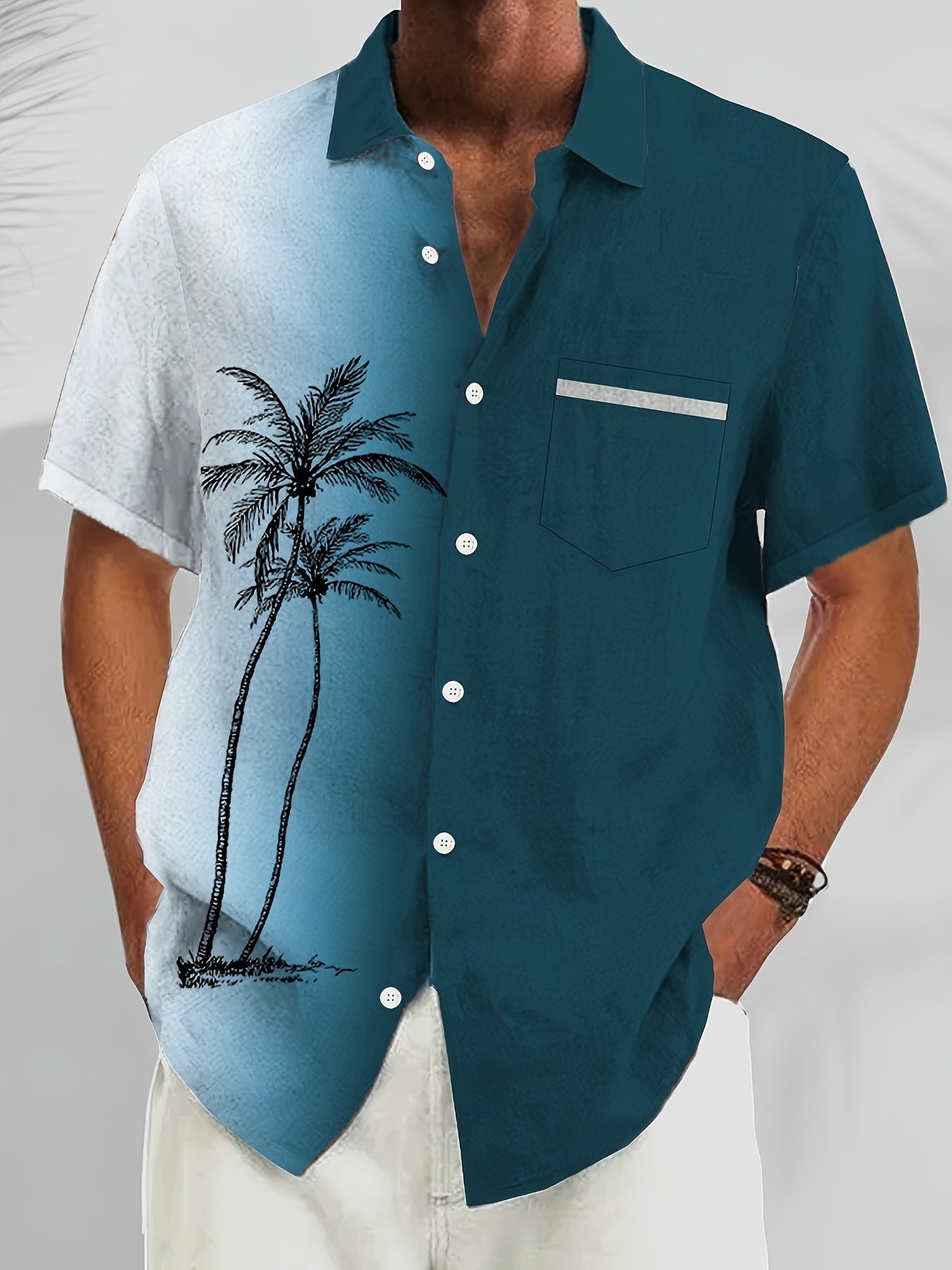 Men's blue gradient print holiday shirt with a camp collar