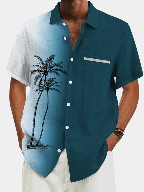 Men's blue gradient print holiday shirt with a camp collar