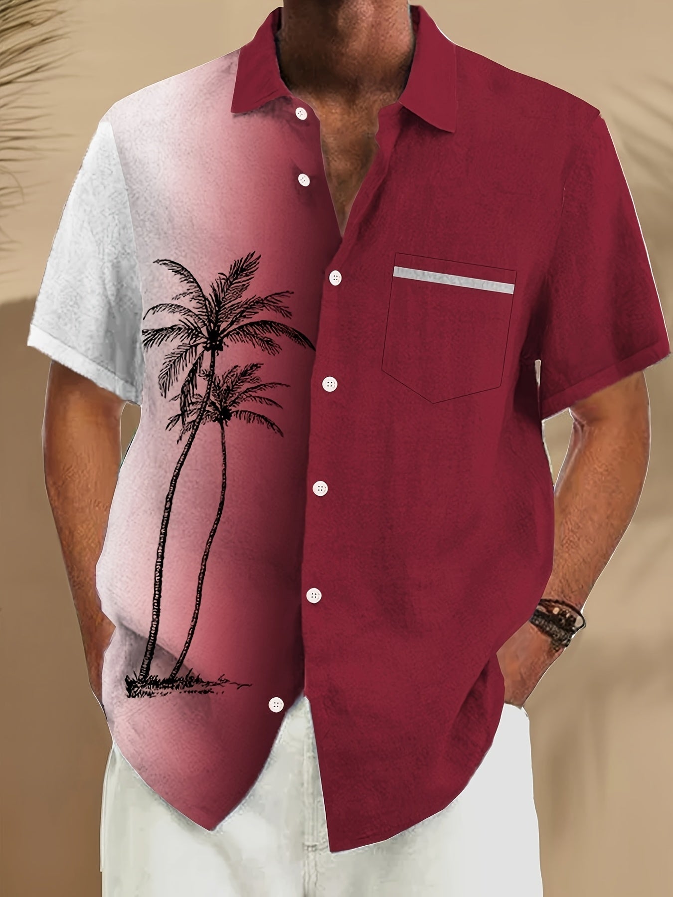 Men's blue gradient print holiday shirt with a camp collar