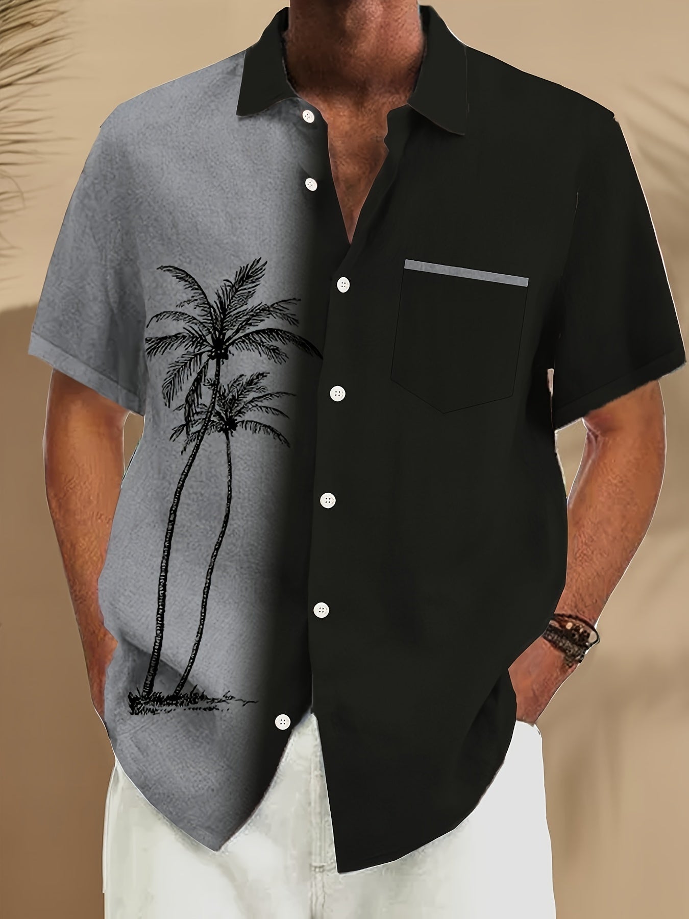 Men's blue gradient print holiday shirt with a camp collar