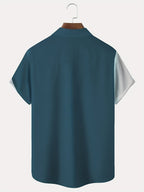 Men's blue gradient print holiday shirt with a camp collar
