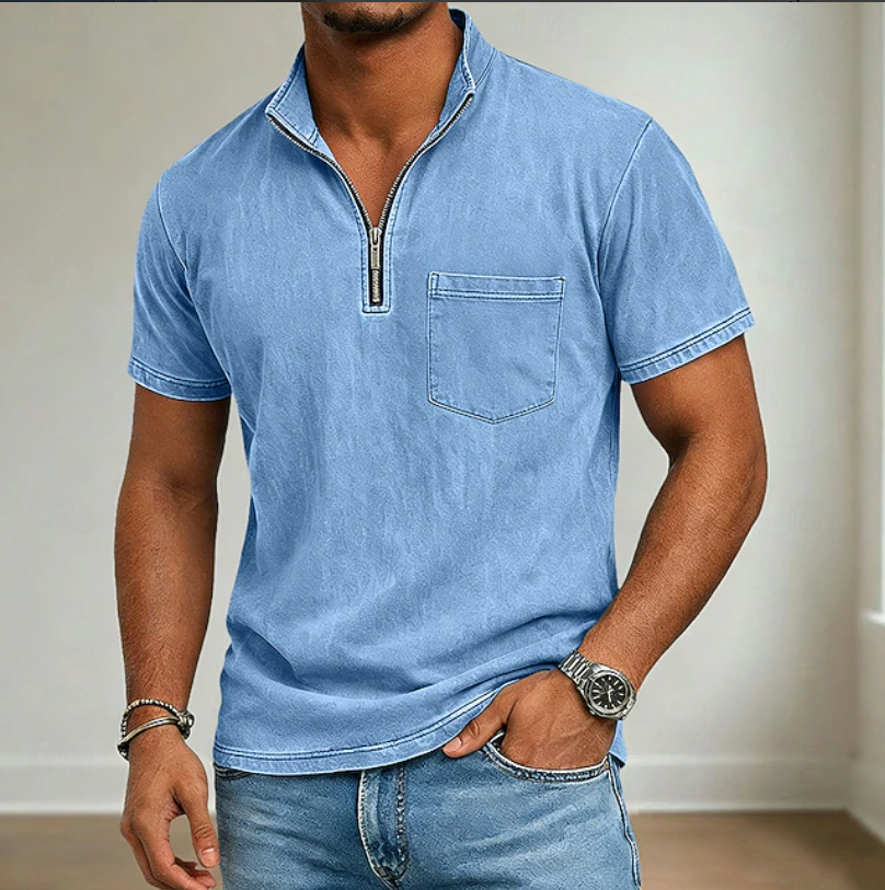 Men's blue half zip knit polo shirt