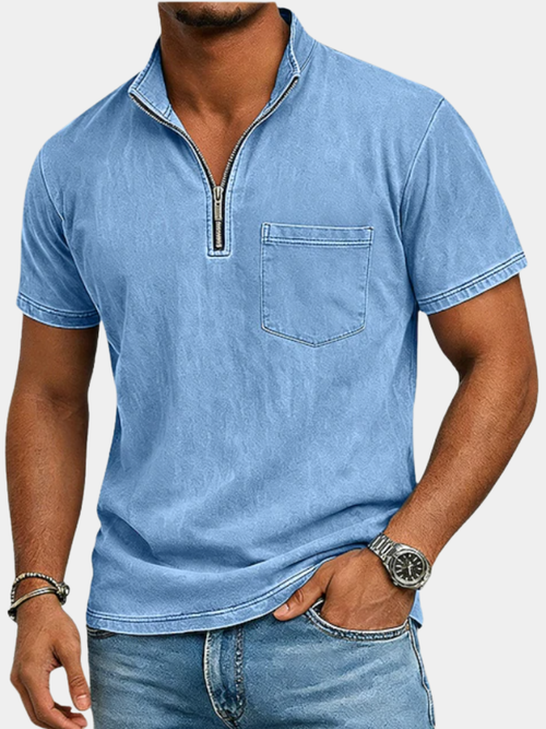 Men's blue half zip knit polo shirt