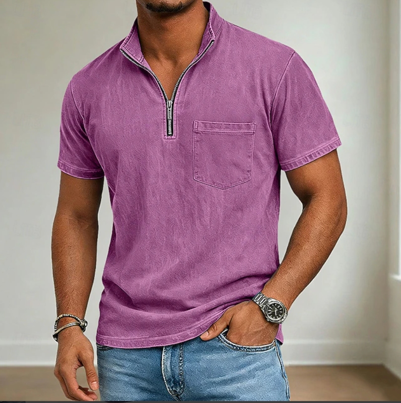 Men's blue half zip knit polo shirt
