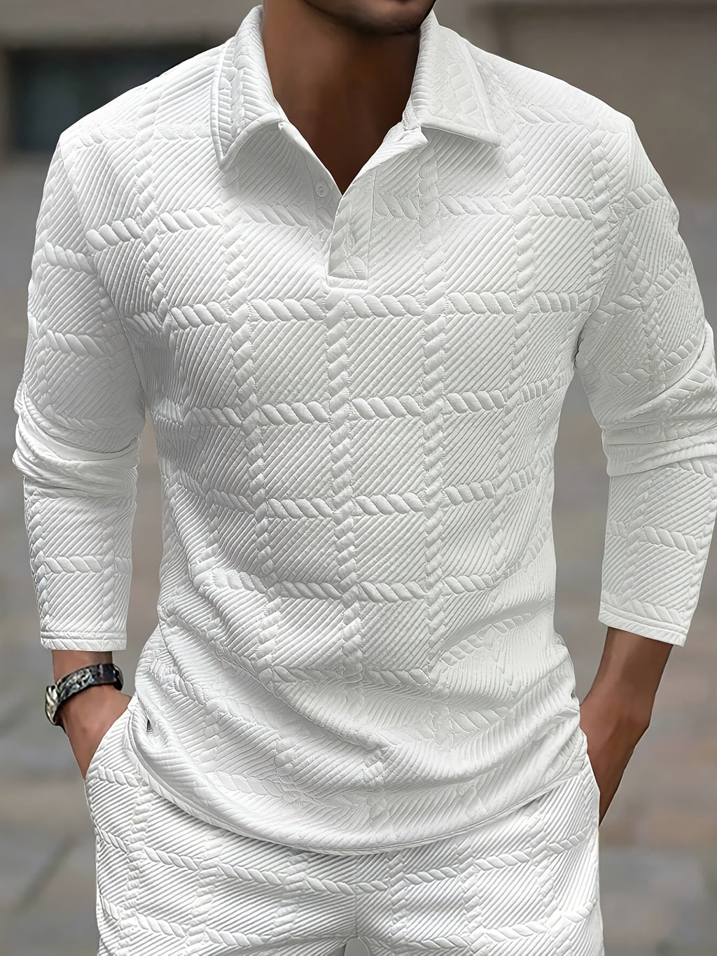 Men's white jacquard knit polo shirt with a geometric texture