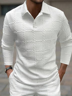 Men's white jacquard knit polo shirt with a geometric texture