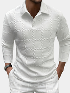 Men's white jacquard knit polo shirt with a geometric texture