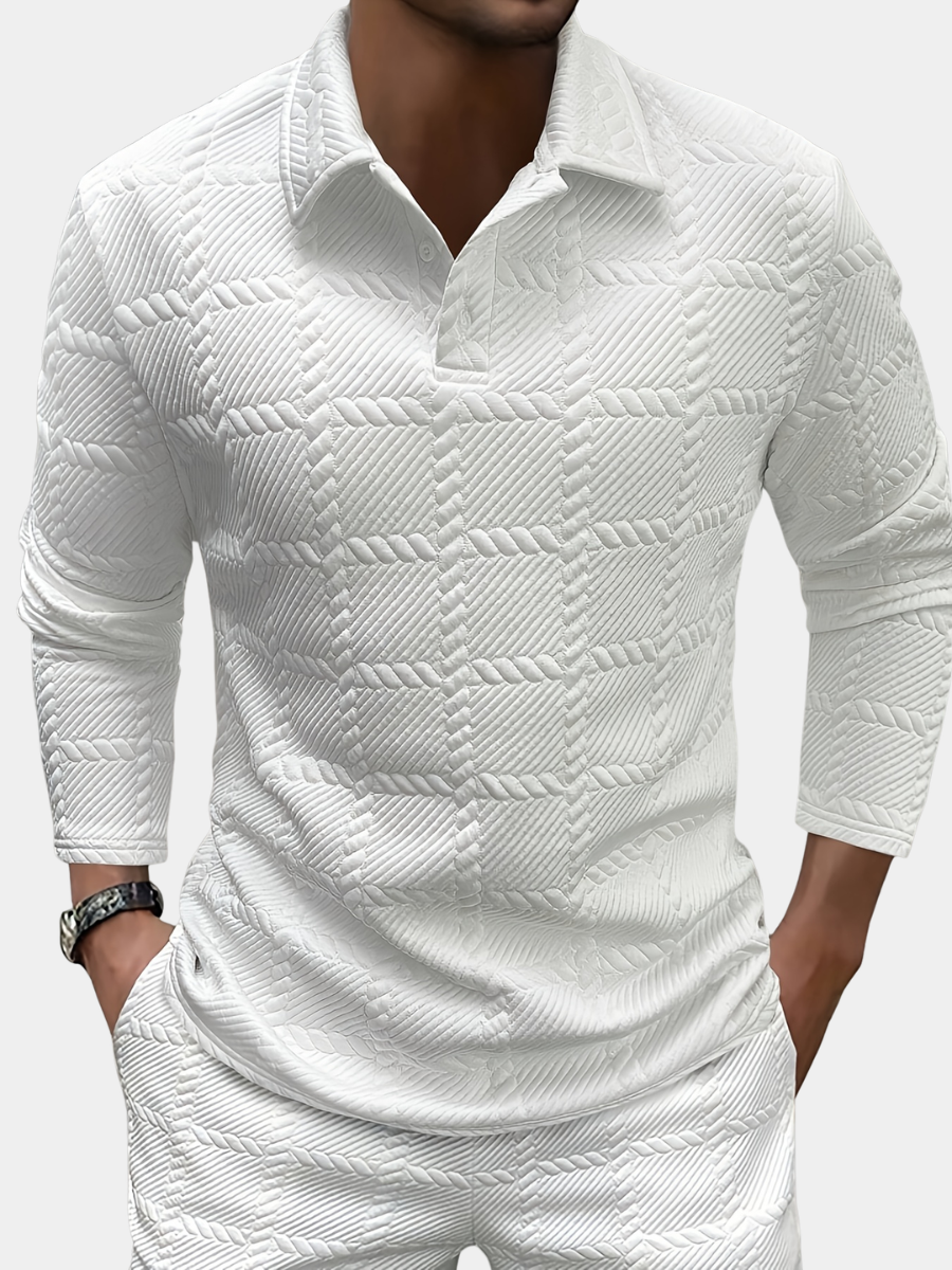 Men's white jacquard knit polo shirt with a geometric texture
