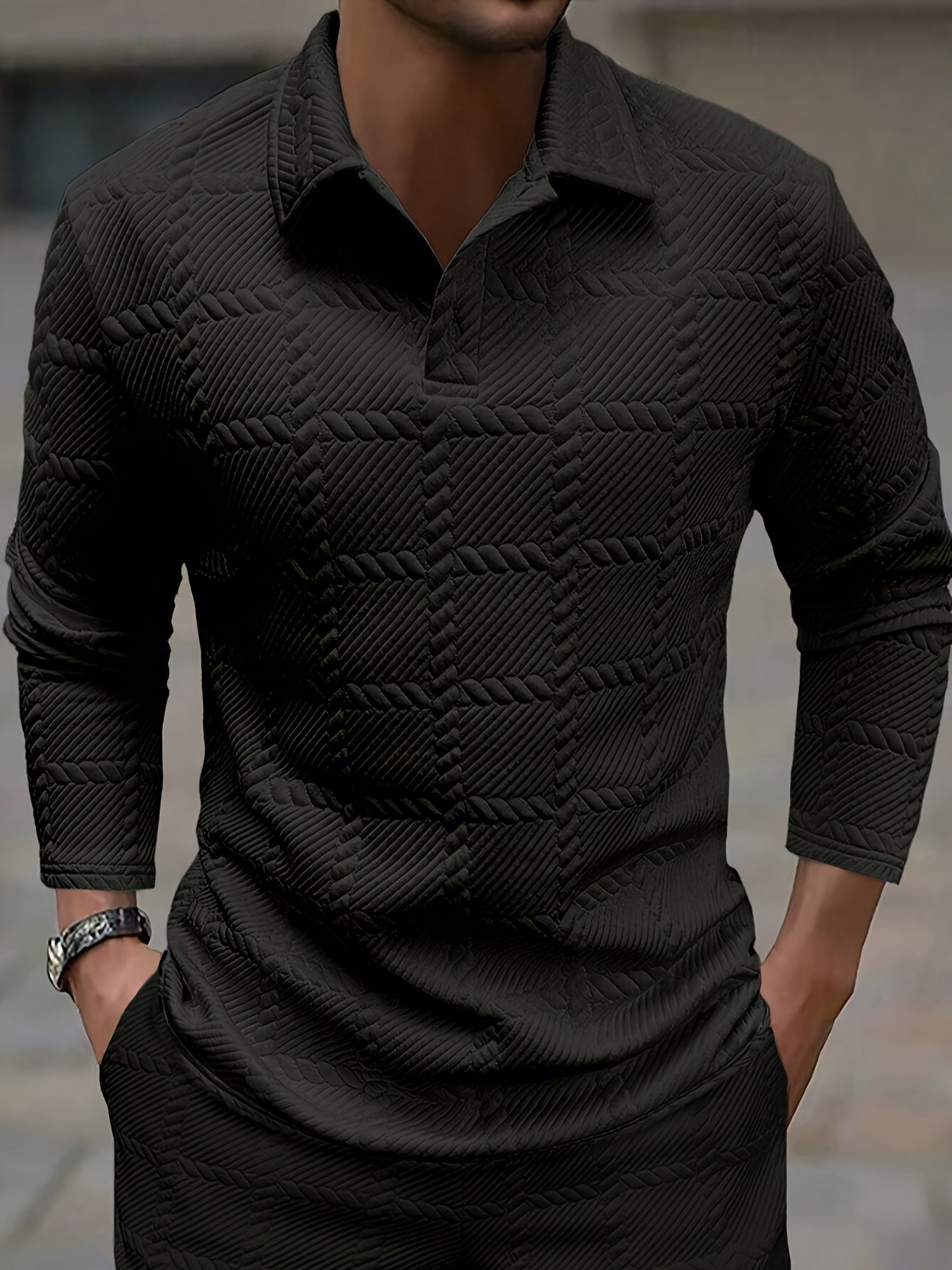 Men's white jacquard knit polo shirt with a geometric texture