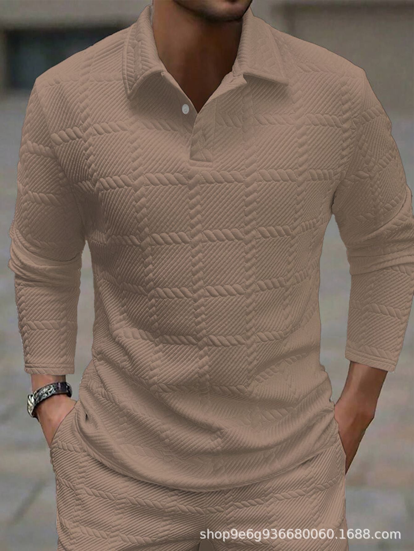 Men's white jacquard knit polo shirt with a geometric texture