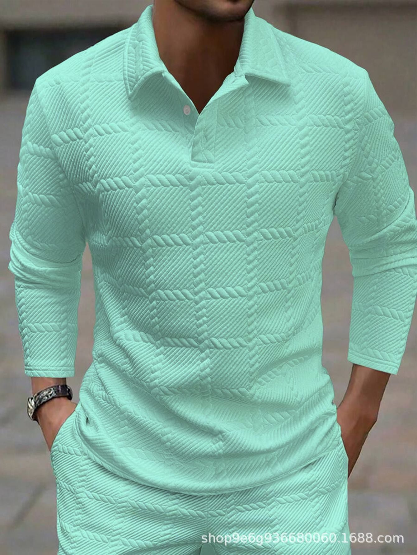 Men's white jacquard knit polo shirt with a geometric texture