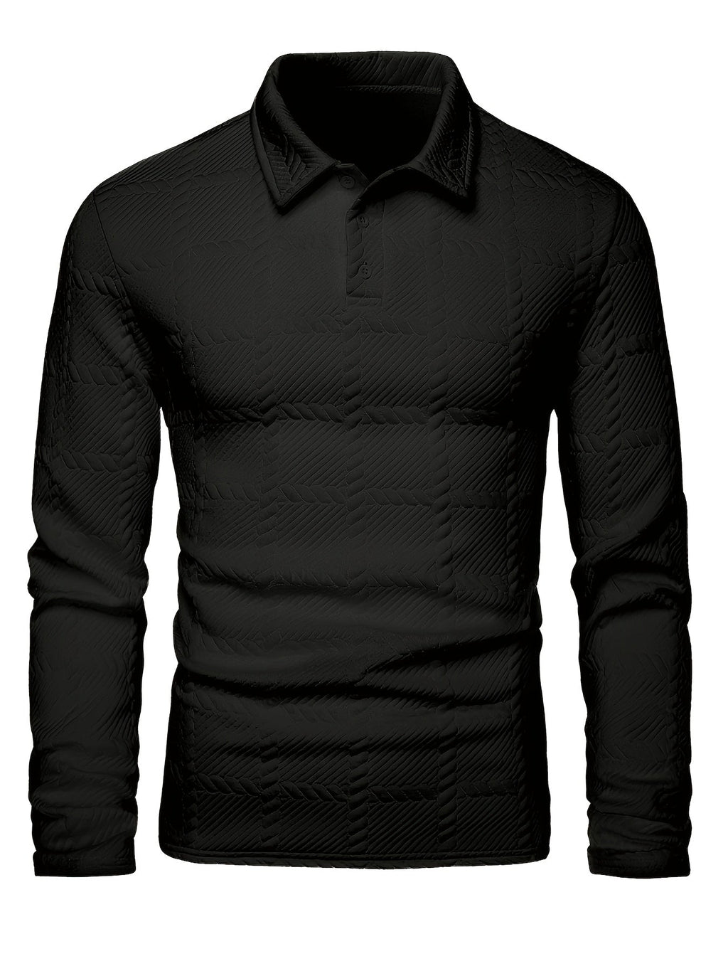 Men's black jacquard knit polo shirt with a geometric texture