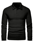 Men's black jacquard knit polo shirt with a geometric texture
