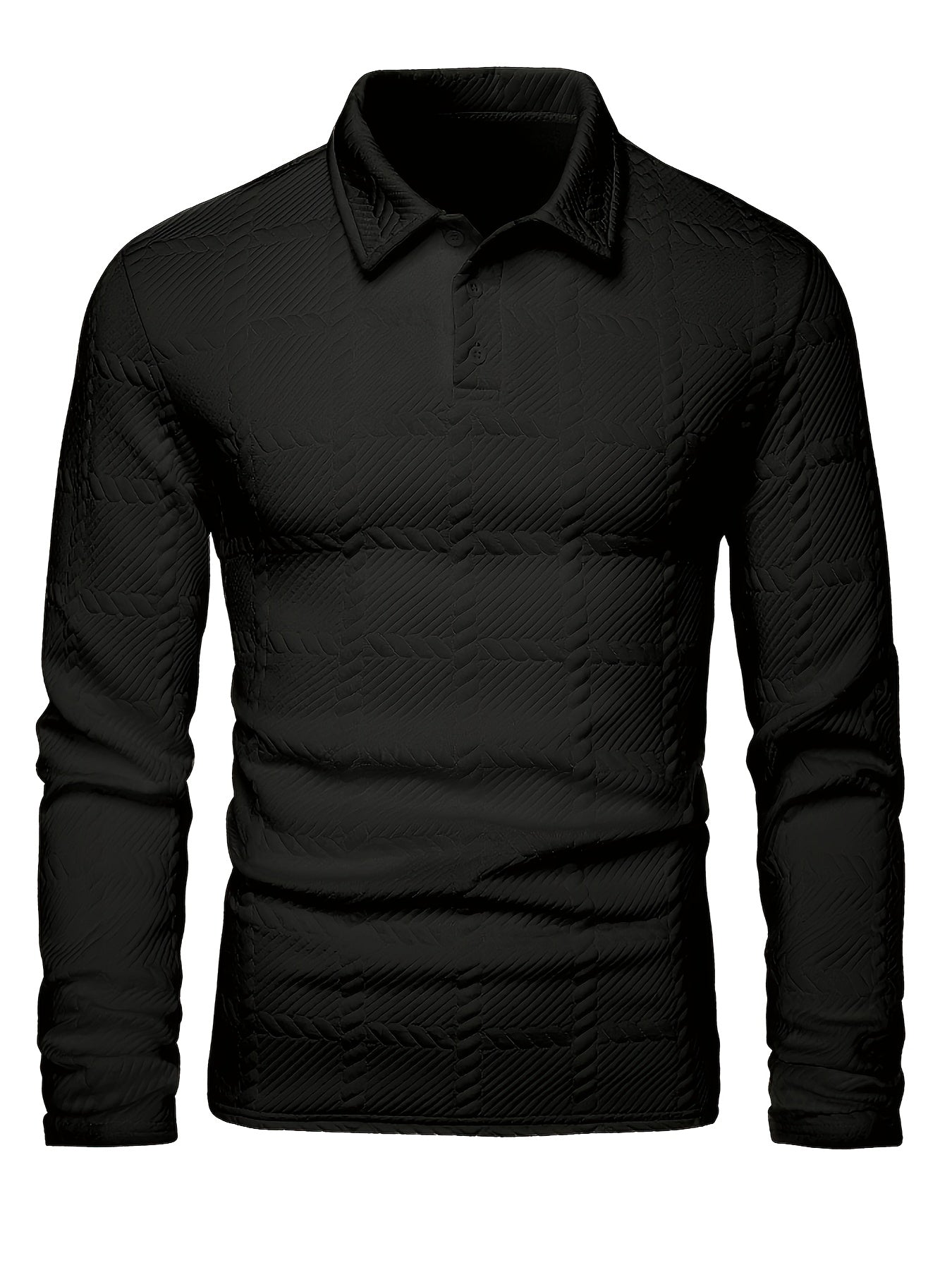 Men's black jacquard knit polo shirt with a geometric texture