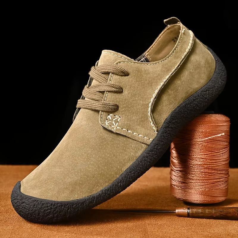 Men's khaki lace-up suede derby shoes with a rubber outsole