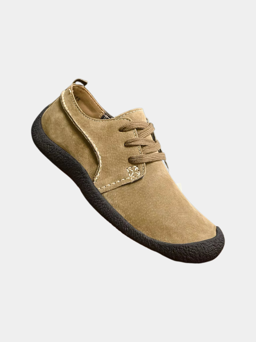 Men's khaki lace-up suede derby shoes with a rubber outsole