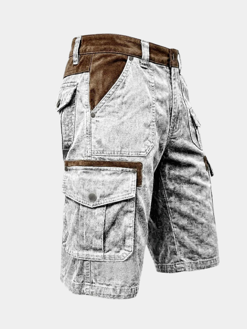 Men's grey loose fit cargo shorts with multiple pockets
