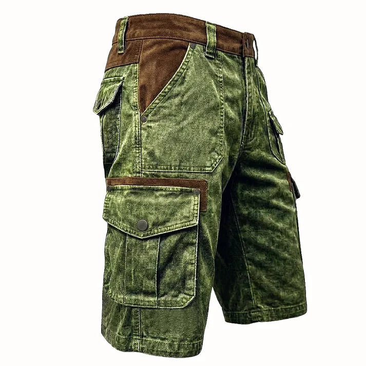 Men's grey loose fit cargo shorts with multiple pockets