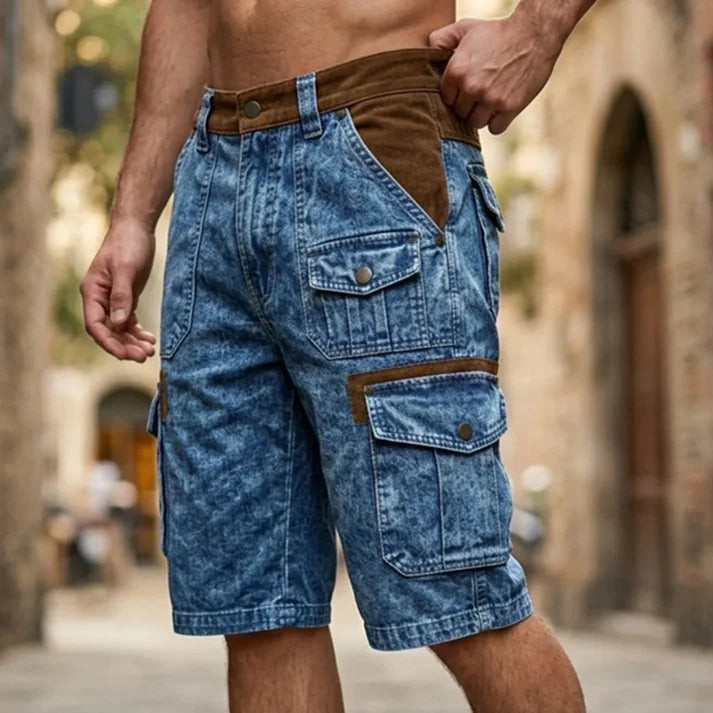 Men's blue loose fit cargo shorts with multiple pockets
