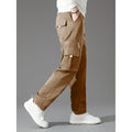 Men's light brown loose fit cargo trousers with multiple pockets