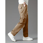Men's light brown loose fit cargo trousers with multiple pockets