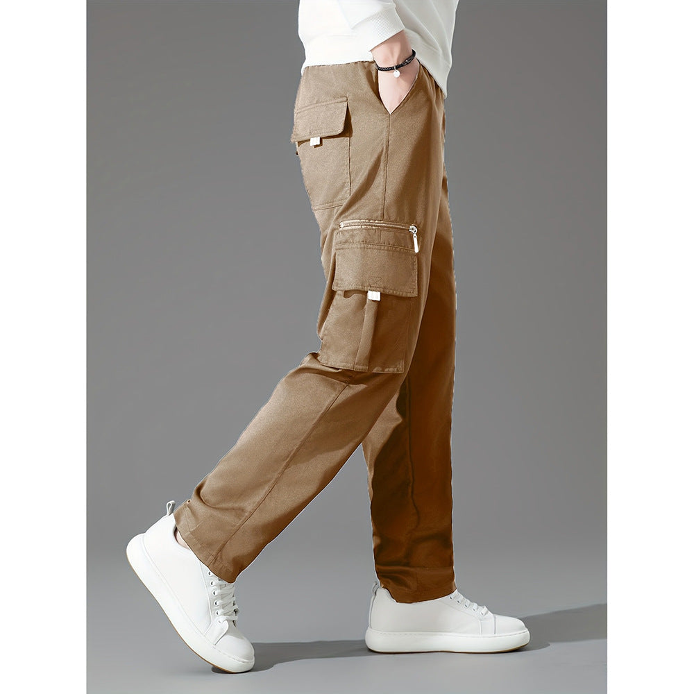 Men's light brown loose fit cargo trousers with multiple pockets