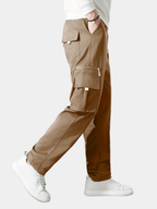 Men's light brown loose fit cargo trousers with multiple pockets