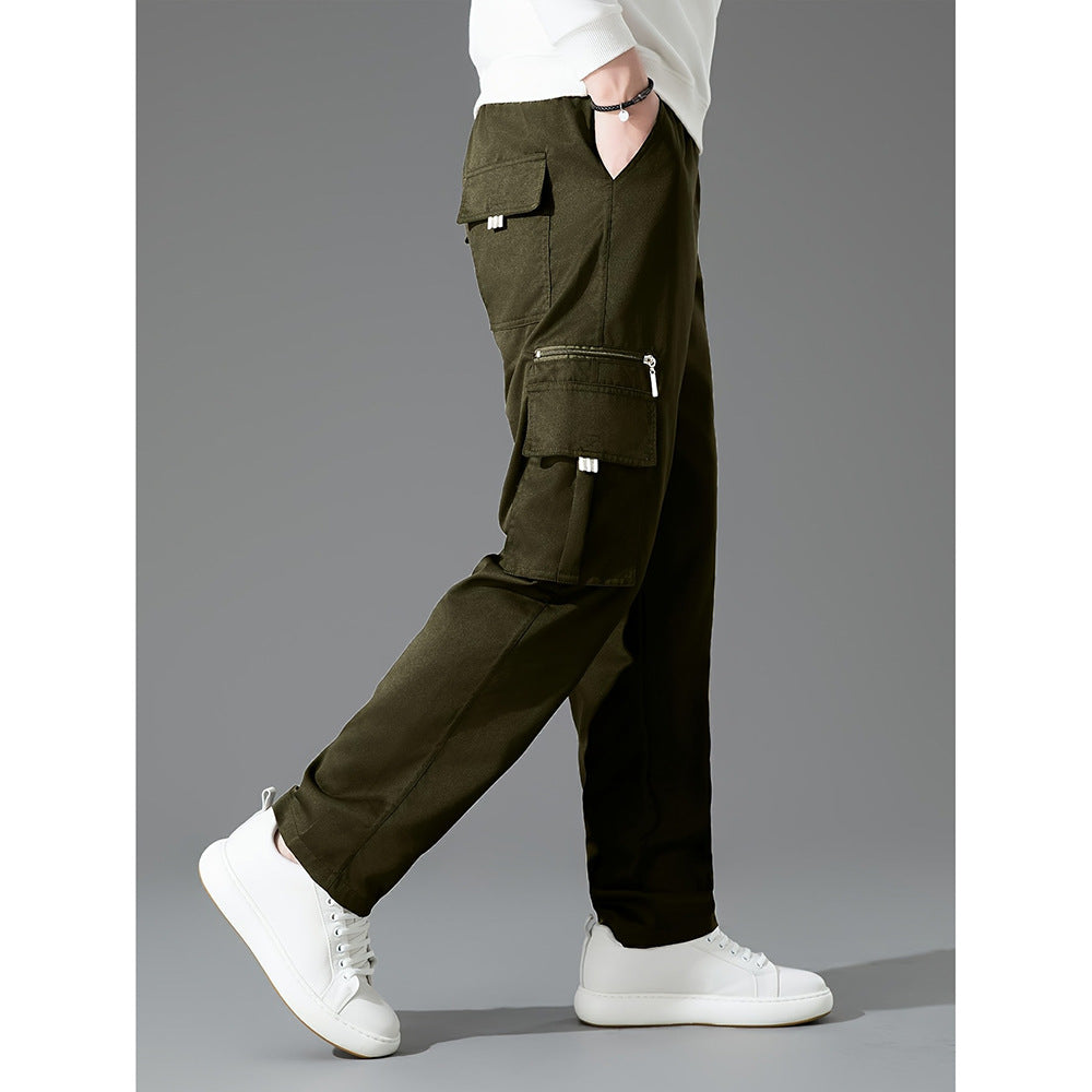Men's light brown loose fit cargo trousers with multiple pockets