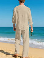 Men's beige long sleeve shirt and trousers co-ord set