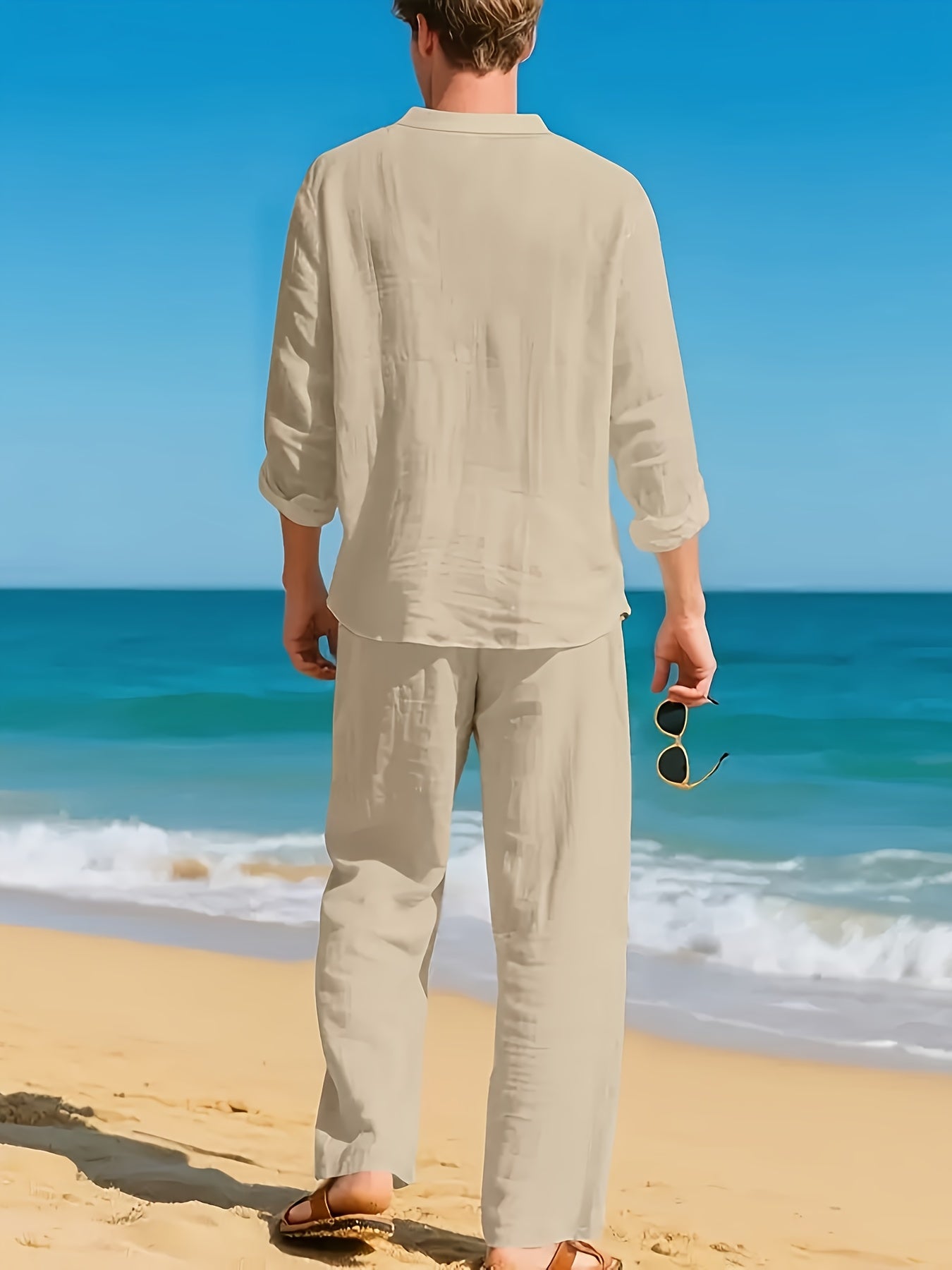Men's beige long sleeve shirt and trousers co-ord set
