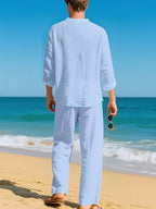 Men's beige long sleeve shirt and trousers co-ord set