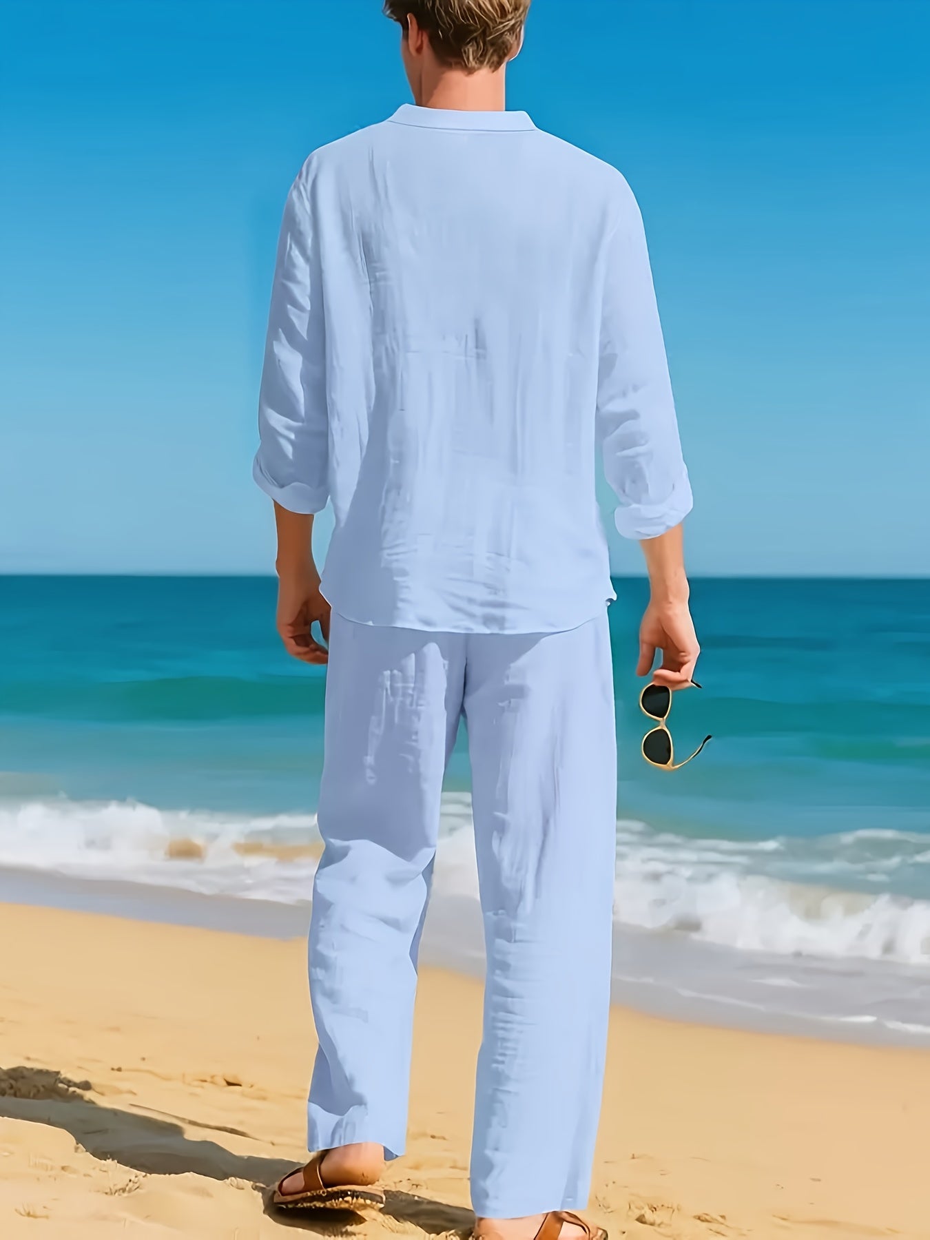 Men's beige long sleeve shirt and trousers co-ord set