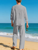 Men's beige long sleeve shirt and trousers co-ord set