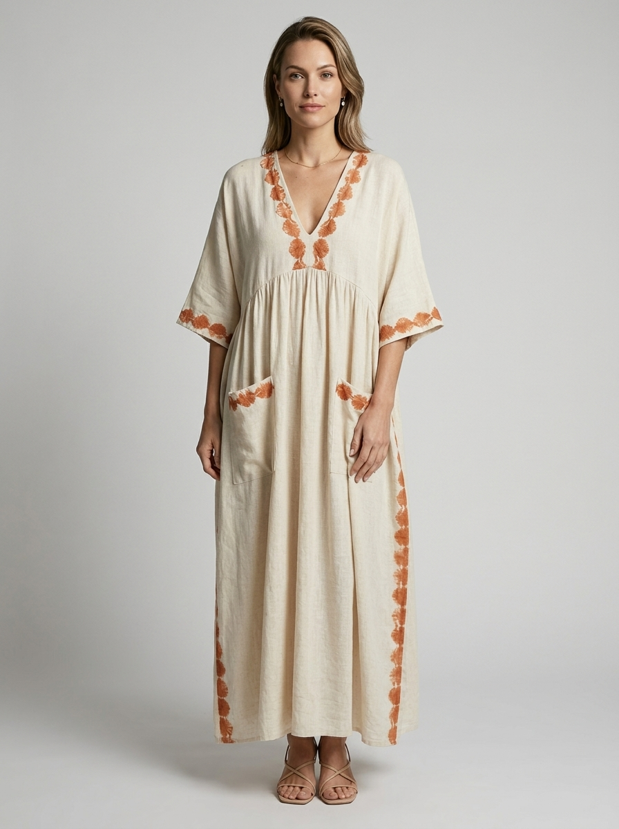 Women's boho maxi dress with a V-neck