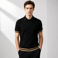 Men's black modern knit polo shirt with ribbed trim