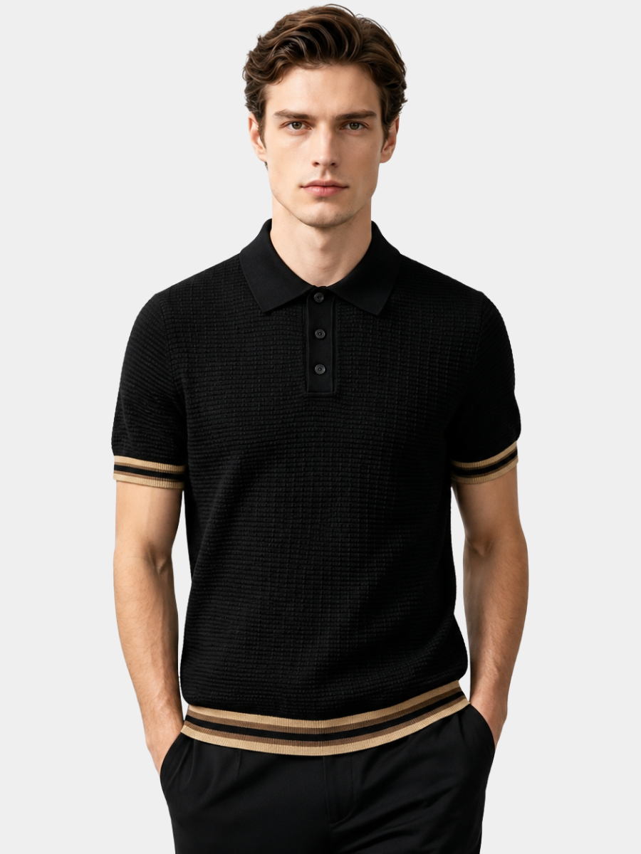 Men's black modern knit polo shirt with ribbed trim
