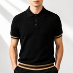 Men's black modern knit polo shirt with ribbed trim