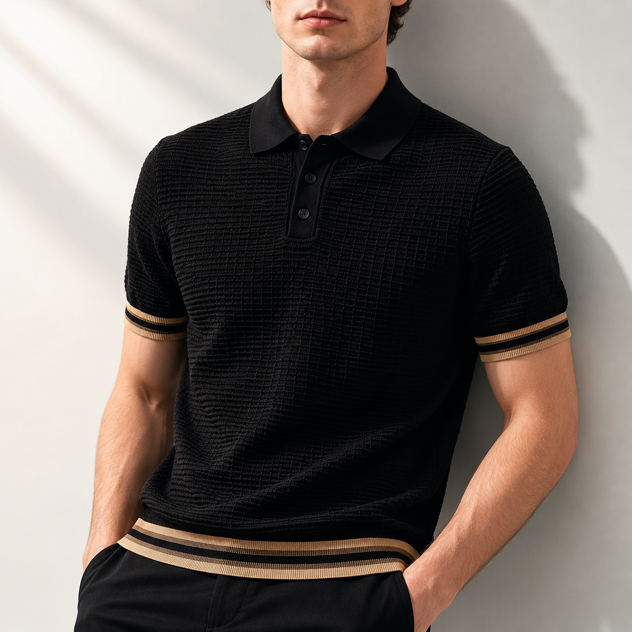Men's navy blue modern knit polo shirt with ribbed trim