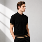 Men's navy blue modern knit polo shirt with ribbed trim