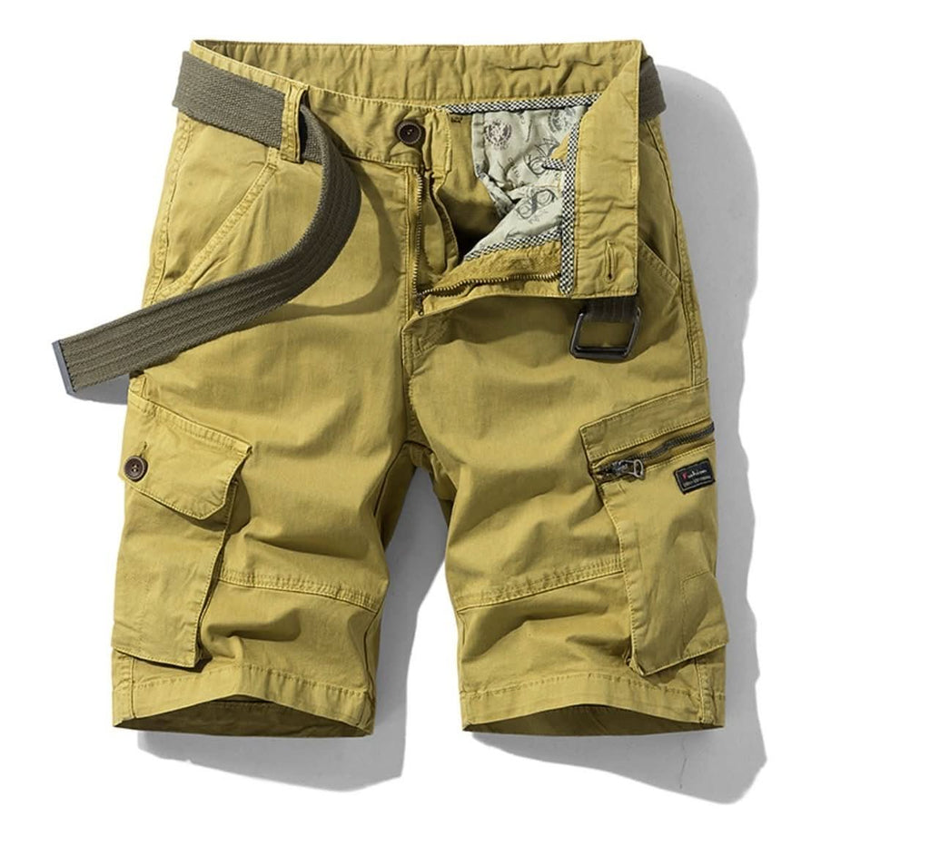 Men's khaki multi-pocket cargo utility shorts