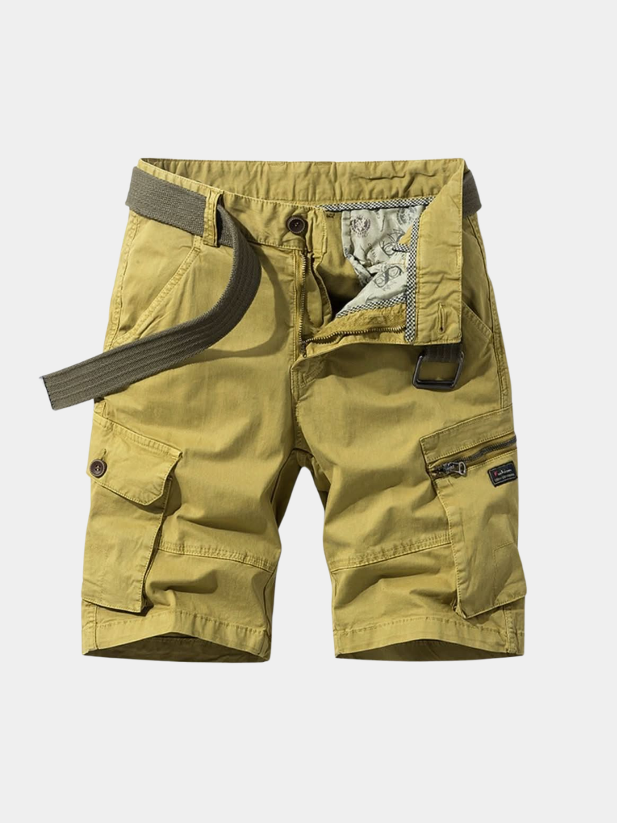Men's khaki multi-pocket cargo utility shorts
