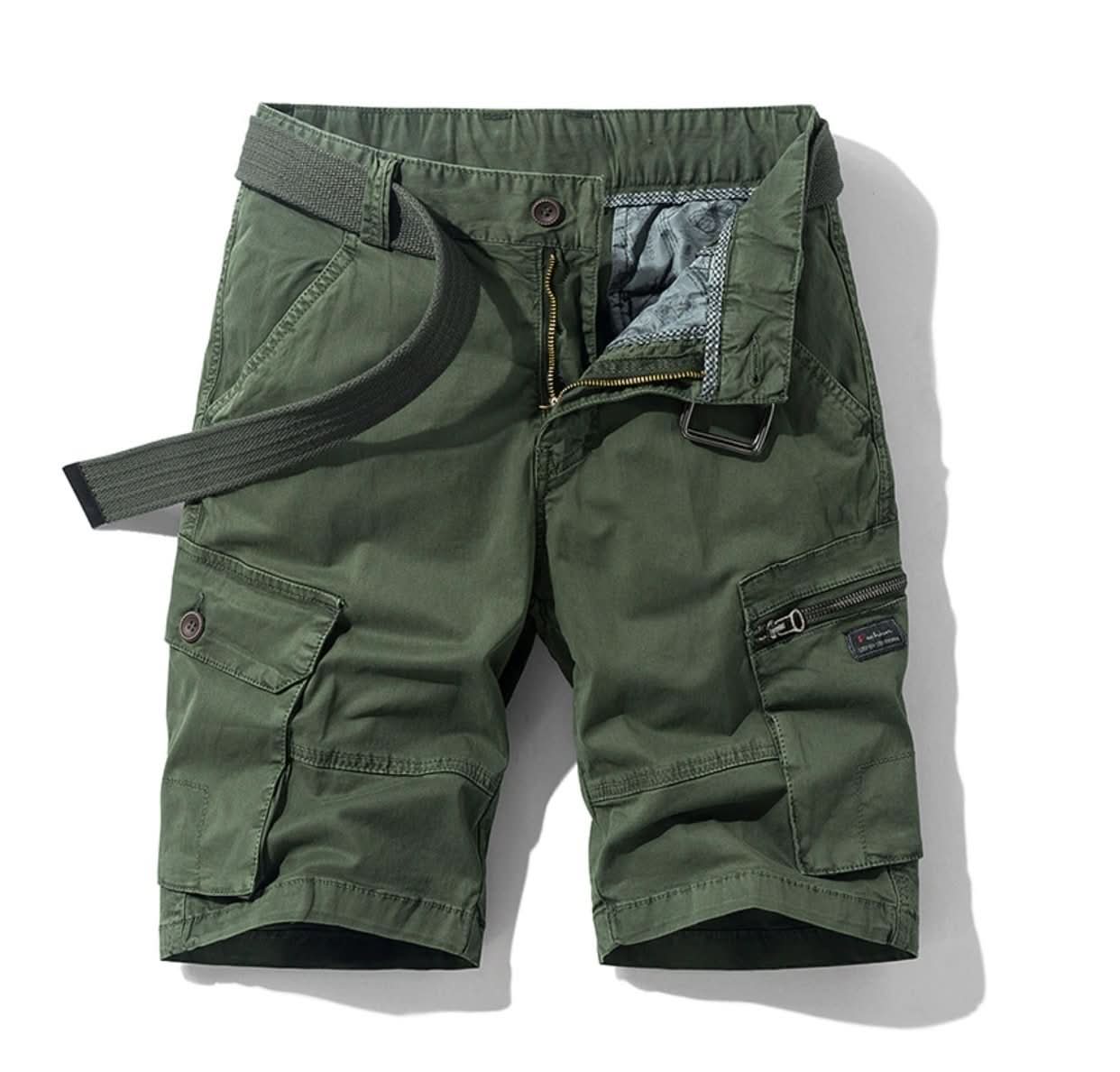 Men's khaki multi-pocket cargo utility shorts