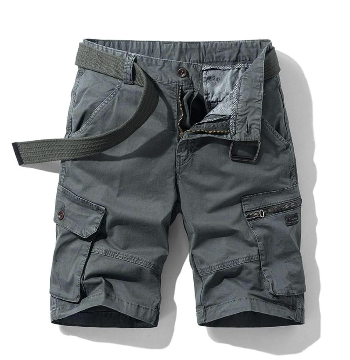 Men's khaki multi-pocket cargo utility shorts