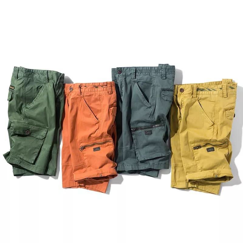 Men's khaki multi-pocket cargo utility shorts