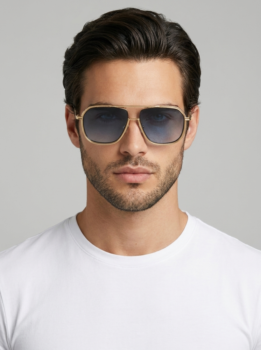 Square aviator sunglasses with a gold frame