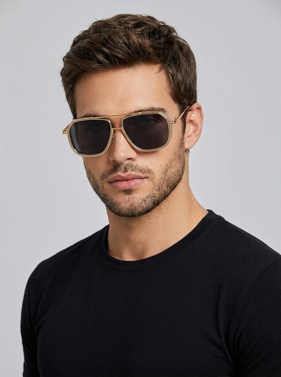 Square aviator sunglasses with a gold frame