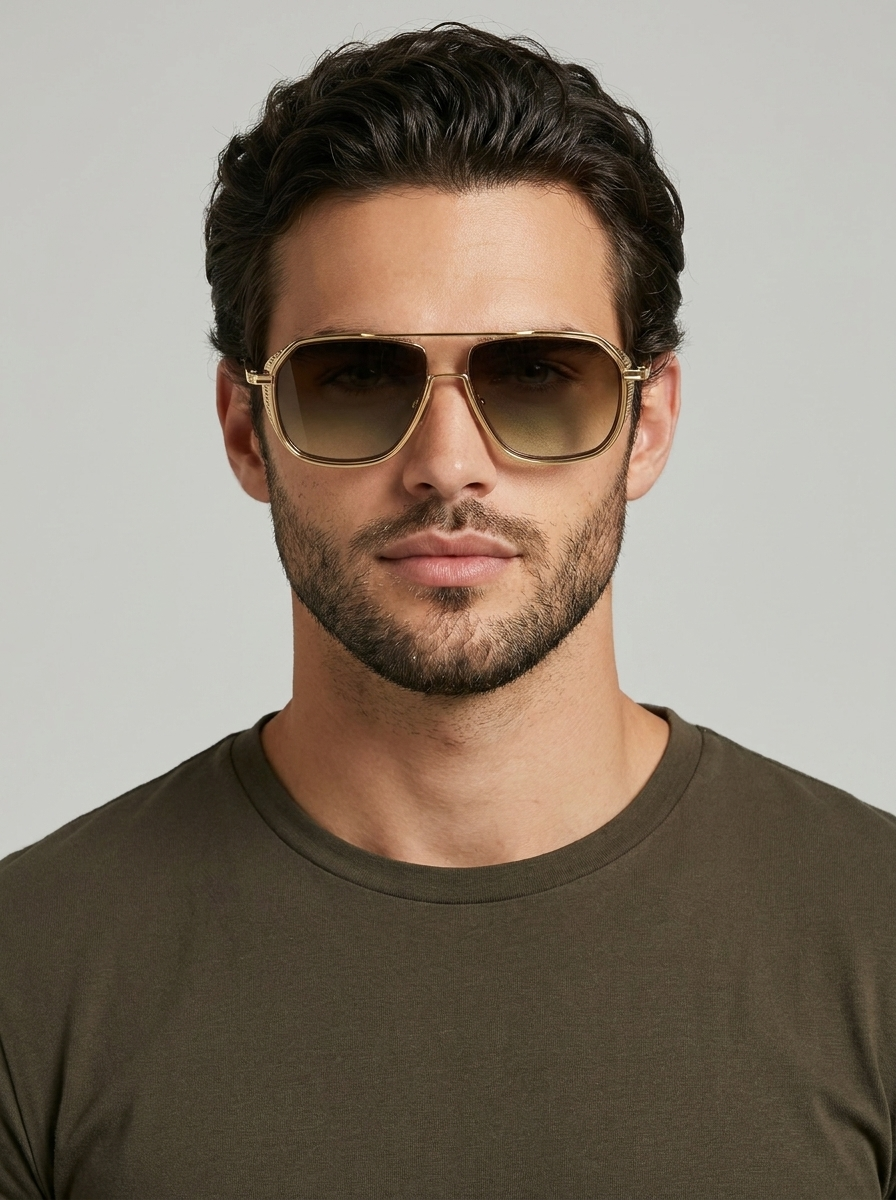 Square aviator sunglasses with a gold frame